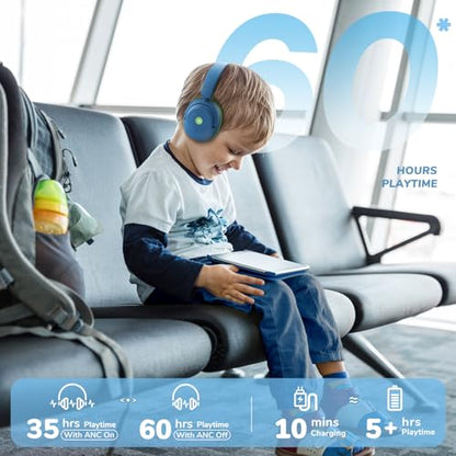 iClever BTH20 Active Noise Cancelling Headphones for Kids Toddler Travel | SafeSound Tech3.1, 60H Play Time, USB C AUX Cable, Award-Winning Kids Bluetooth Wireless Headphones for Boys/Girls/Autism - color: Blue