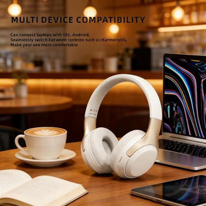 Wireless Bluetooth Over-Ear Headphones with Microphone, 24H Playtime, Bluetooth 5.3, Comfortable and Foldable Design, Over Ear Lightweight Headset for Sports, Travel, Home, Office (Beige) - color: Beige A