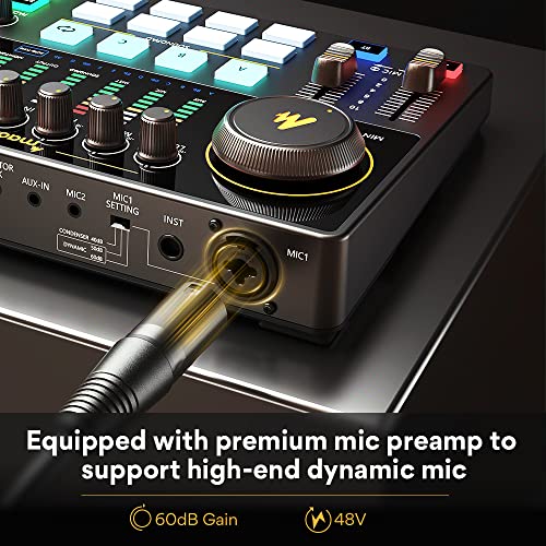 MAONO AME2 Audio Interface Mixer, Podcast Studio Console with XLR Input | 48V phantom power, Bluetooth, 11 custom sound pads, podcast recording, YouTube/TikTok live streaming, PC and XLR mic setup