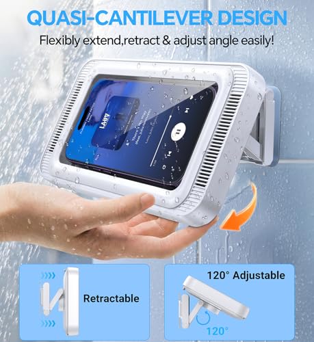 Coolpow Shower Phone Holder Waterproof with Speaker Holes Wall Mount Case | 480° Adjustable, Enhanced Sound Quality Waterproof & Anti-Fog Bathroom Phone Holder Mount Stand, 4"-7" Phones - color: White