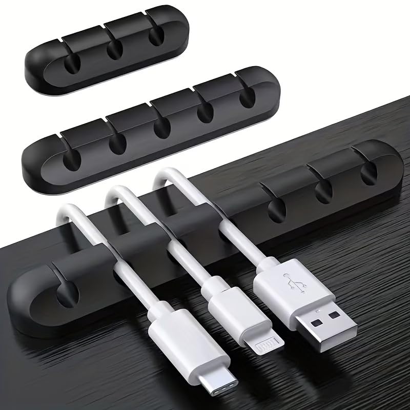 Silicone Cable Organizer Self Adhesive Desktop Clips Low Profile Multiple Slots for Mobile Charging Earphones Mouse Wires, Black, Set of 5 pieces