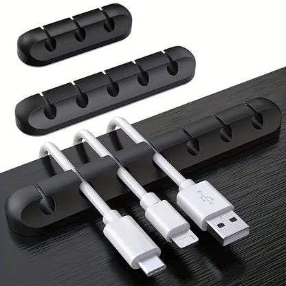 Silicone Cable Organizer Self Adhesive Desktop Clips Low Profile Multiple Slots for Mobile Charging Earphones Mouse Wires, Black, Set of 5 pieces
