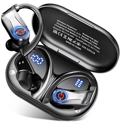 Bluetooth 6.1 Headphones True Wireless Earbuds 120hrs Playtime Wireless Charging Case, Digital Display Sports Ear Buds with Earhook Hi-Res Audio Clear Calls Earphones IPX7 Waterproof for Running Gym
