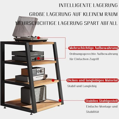 Multimedia Storage Cabinet for HiFi Rack, Wooden & Metal Audio Video Shelf, Waterproof Open Desktop Amplifier Rack with Adjustable Feet for Living Room & Bedroom Audio System(Teak,3-Schicht)