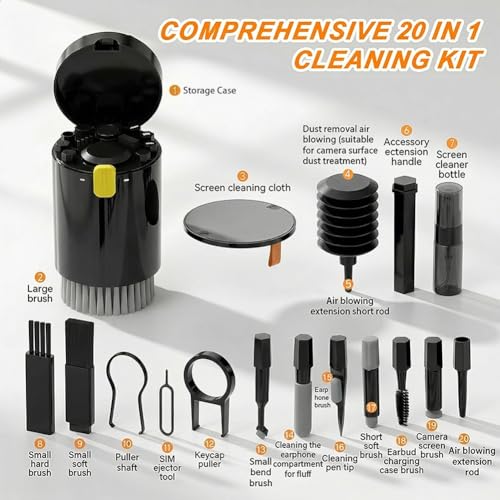 20 in 1 Multifunctional Cleaner Kit for Electronic Devices, Keyboard Cleaning Brush, Headphones Cleaner Kit for AirPods, Multi-Tool for Cleaning Laptop, Earbuds, Camera, Cellphones,Black - color: black