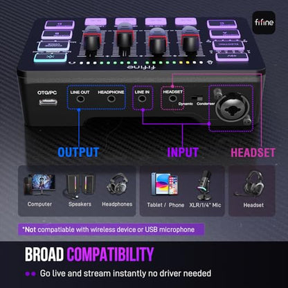 FIFINE Gaming Equipment Bundle with Audio Mixer, XLR/USB Microphone, XLR Cable Set for Streaming, Podcast, RGB PC Mixer with Individual Control, Volume Fader, Computer Dynamic Vocal Mic for Recording