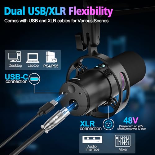 XLR/USB Gaming Microphone with Boom Arm for Streaming | Dynamic Microphone with One-Touch Mute, Gain Control, Headphone Jack, RGB Lighting for Podcast, Recording Vocal