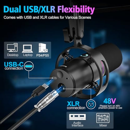 XLR/USB Gaming Microphone with Boom Arm for Streaming | Dynamic Microphone with One-Touch Mute, Gain Control, Headphone Jack, RGB Lighting for Podcast, Recording Vocal