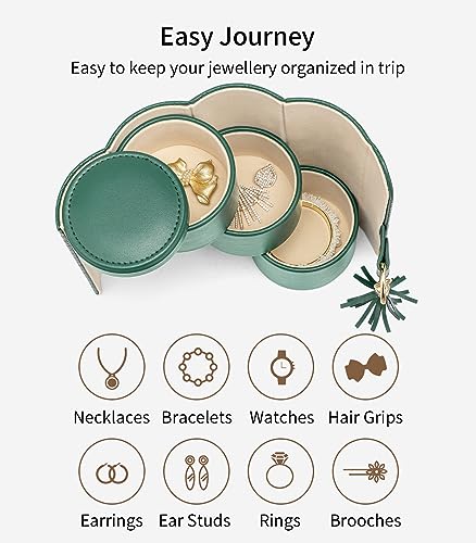VLANDO Travel Jewelry Organizer, 3 Tier Roll Up Design, Hard Shell Storage | Stepped Sections Compartments Keep Jewelry Visible, Soft Lining Protect Pieces, Snap Closure, Travel Gift for Women Girl - color: Green