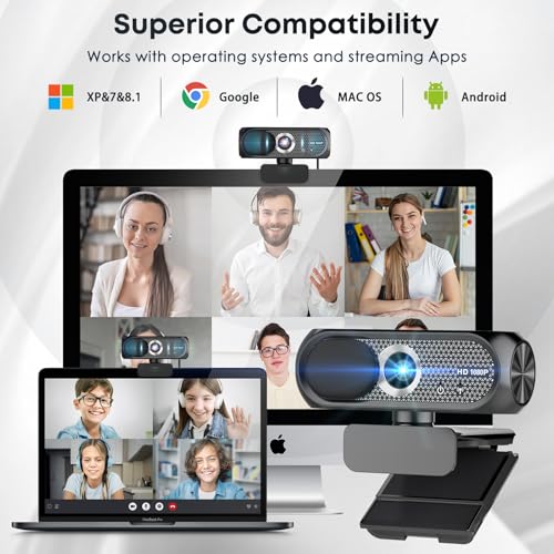 2K Webcam with Microphone, Noise Cancellation, Privacy Cover, Wide-Angle Lens, Auto Light Correction, Plug & Play USB Webcam for Laptop, Desktop, PC, Mac, Zoom, Skype, Streaming (Black)