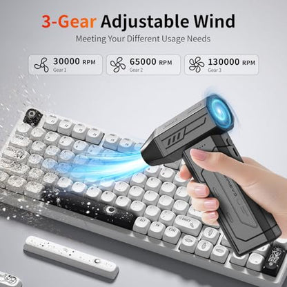 Compressed Air Duster,130000RPM Super Power Cordless Air Duster,Rechargeable Brushless Blower,3 Gear Adjustable Blower with LED Light,Dust Remover for Computer/House/Outdoor/Car