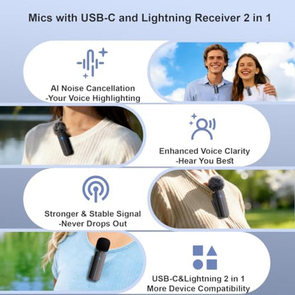 2-Pack Wireless Mini Lavalier Lapel Microphone for iPhone, Android(2 in 1) | Microphone for Content Creators, 65ft Clip on Dual Mics for TikTok, YouTube, Noise Reduction,Clear Voice, 6H Working Time