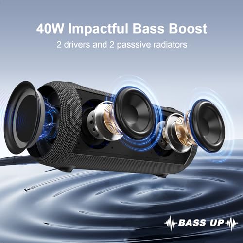 Passau Portable Bluetooth Speakers Loud 40W Peak Stereo Sound, Passive Radiators-Deep Bass, All Day Playtime, Adjustable Strap, BT5.3, IPX5 Wireless Speaker RGB Lights for Indoor Outdoor | TWS, RGB Light, Passive Radiator, Adjustable Strap, BT5.3 Recharge