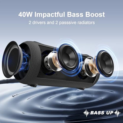 Passau Portable Bluetooth Speakers Loud 40W Peak Stereo Sound, Passive Radiators-Deep Bass, All Day Playtime, Adjustable Strap, BT5.3, IPX5 Wireless Speaker RGB Lights for Indoor Outdoor | TWS, RGB Light, Passive Radiator, Adjustable Strap, BT5.3 Recharge