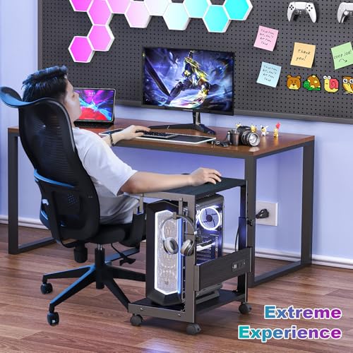 Computer Tower Stand with Charging Station, for Small and Mid-Tower PCs | Height Adjustable PC Stand with Wheel, CPU Holder with 2 AC Outlets + 2 USB Ports, 2-Tier Storage, Durable Metal Frame - color: Black