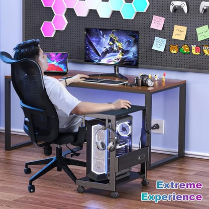 Computer Tower Stand with Charging Station, for Small and Mid-Tower PCs | Height Adjustable PC Stand with Wheel, CPU Holder with 2 AC Outlets + 2 USB Ports, 2-Tier Storage, Durable Metal Frame - color: Black