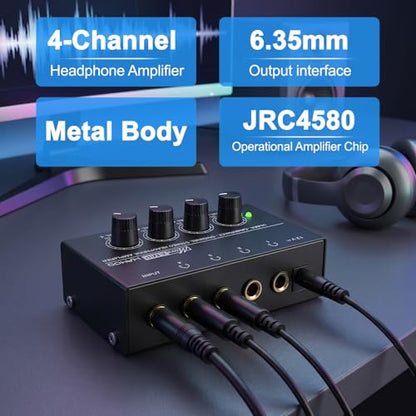 4 Channel Headphone Amplifier, Mini Metal Stereo Audio Amp with 1/4" TRS Input & 4 TRS Outputs, 12V Power Adapter, Portable Headphone Splitter Amplifier for PC, Guitar, Studio, Stage