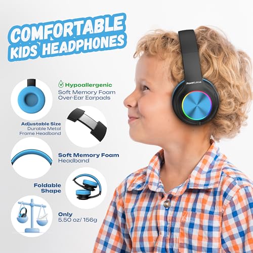 PowerLocus PLED Kids Bluetooth Headphones, Kids Wireless Headphones with LED Lights, 74/85/94dB Safe Volume, Micro SD, AUX Cable, Hi-Fi Stereo, Built-in Mic Over Ear Kid Headphone for Travel/Tablet/PC - color: Black/Blue