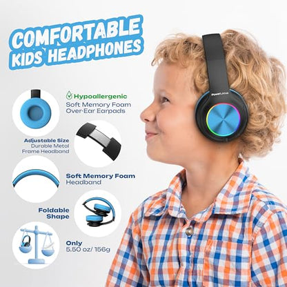 PowerLocus PLED Kids Bluetooth Headphones, Kids Wireless Headphones with LED Lights, 74/85/94dB Safe Volume, Micro SD, AUX Cable, Hi-Fi Stereo, Built-in Mic Over Ear Kid Headphone for Travel/Tablet/PC - color: Black/Blue