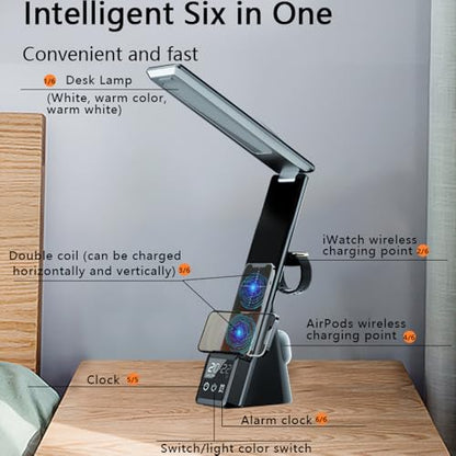 IHAO 6in1 Multifunctional Foldable LED Desk Lamp with Wireless Charger Digital Alarm Clock Eye-Care Lighting 3 Color Modes 15W Qi Charger for Phone/Headphones Compatible with iWatch Charger-N61 White - color: Multi Funcitonal Alarm Clock N61 White