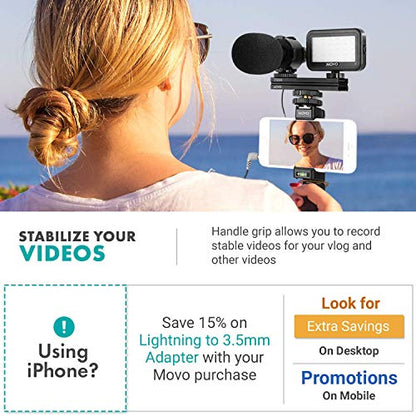 Movo Vlog Kit V7 - YouTube Starter Kit with Grip, Stereo Microphone, Light and Wireless Remote Vlogging Kit for iPhone, Android - iPhone Vlogging Kit
