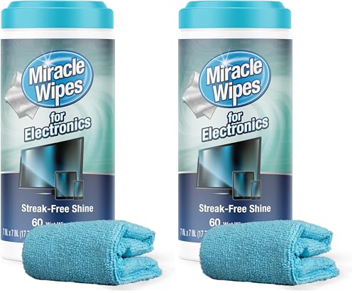 MiracleWipes for Electronics Cleaning - Screen Wipes Designed for TV, Phones, Monitors and More - Includes Microfiber Towel - (60 Count) (Pack of 2) - size: 60 Count (Pack of 2)