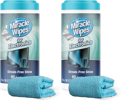 MiracleWipes for Electronics Cleaning - Screen Wipes Designed for TV, Phones, Monitors and More - Includes Microfiber Towel - (60 Count) (Pack of 2) - size: 60 Count (Pack of 2)