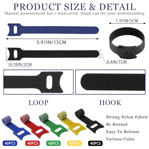 200PCS 6 Inch Cable Ties Reusable Fastener Straps Multi-Purpose Wire Ties Self-Gripping Cord Organizer Cord Wraps Adjustable Hook&Loop Cable Straps for Home,Office and Data Centers Cables Management - style: Style 2