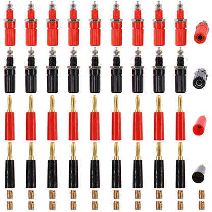 Glarks 40pcs Black and Red 4mm Banana Speaker Wire Cable Screw Plugs with Amplifier Terminal Connector Binding Post Banana Plug Jack Socket Panel/Chassis Mount Connectors Set, Each for 10Pcs