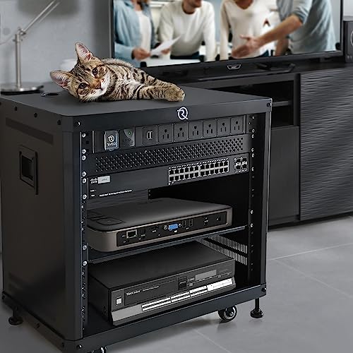 RIVECO POMU 6U Stereo & Studio Rack with Caster Wheels, Rolling Network Cabinet, Open Frame Audio Rack for 19 inches Video Music Recording & IT Equipment, Obtuse Angel, Lifting Handle - size: 6U