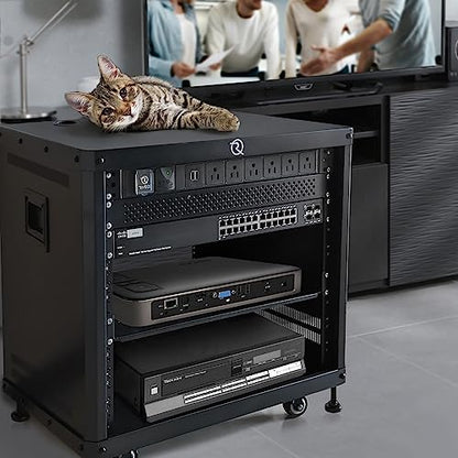 RIVECO POMU 6U Stereo & Studio Rack with Caster Wheels, Rolling Network Cabinet, Open Frame Audio Rack for 19 inches Video Music Recording & IT Equipment, Obtuse Angel, Lifting Handle - size: 6U