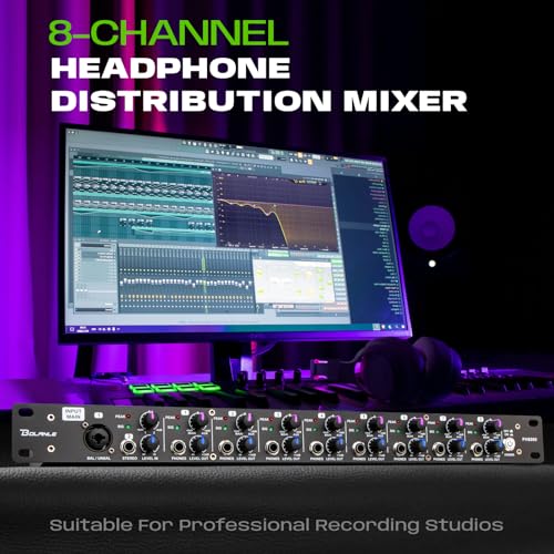 Bolanle PH8000 8-Channel Headphone Amplifier, High-Power Stereo Distribution Amp with Independent Volume Controls, 1U Rackmount for Studio Recording, Live Sound, Broadcasting, and Multi-User Monitorin - size: PH8000
