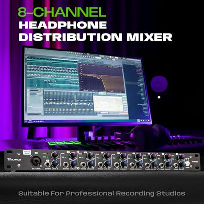 Bolanle PH8000 8-Channel Headphone Amplifier, High-Power Stereo Distribution Amp with Independent Volume Controls, 1U Rackmount for Studio Recording, Live Sound, Broadcasting, and Multi-User Monitorin - size: PH8000