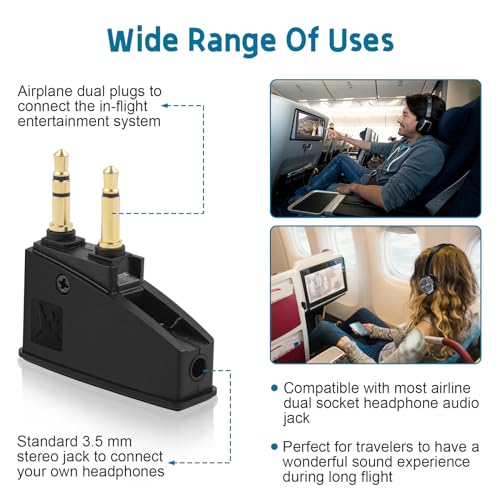 Airplane Headphone Adapter Comes with 2.5mm to 3.5mm Male Audio AUX Cable, Golden Plated 3.5mm Jack for Airplane/Home TV/Gym/Boats/Car, Foldable Single/Double Gold Plug