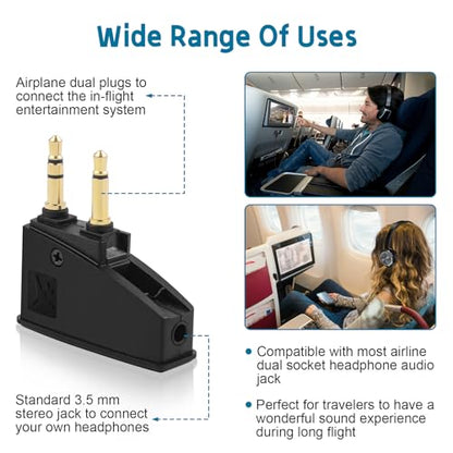 Airplane Headphone Adapter Comes with 2.5mm to 3.5mm Male Audio AUX Cable, Golden Plated 3.5mm Jack for Airplane/Home TV/Gym/Boats/Car, Foldable Single/Double Gold Plug
