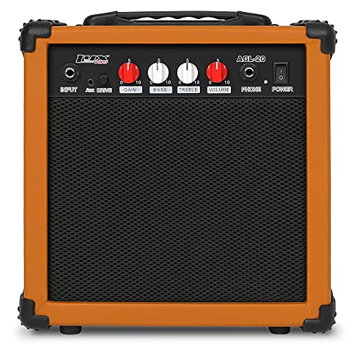 LyxPro Electric Guitar Amp 20 Watt Amplifier Built in Speaker Headphone Jack and Aux Input Includes Gain Bass Treble Volume and Grind - Mahogany - color: Mahogany, size: 20 Watt
