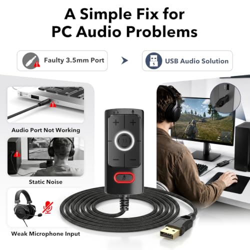 1Mii S03 External USB Sound Card, 7.1 Surround USB 3.5mm Jack Audio Adapter | for PC to Headphones, Plug & Play, Volume Control and Mic Mute for Gaming, USB to AUX for Headset, Computer, PS4, PS5, 6FT