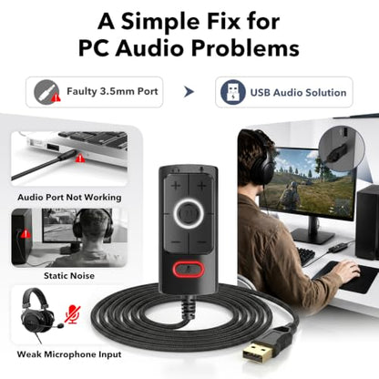 1Mii S03 External USB Sound Card, 7.1 Surround USB 3.5mm Jack Audio Adapter | for PC to Headphones, Plug & Play, Volume Control and Mic Mute for Gaming, USB to AUX for Headset, Computer, PS4, PS5, 6FT
