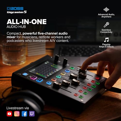 BOSS Gigcaster 5 Compact 5-Channel Audio Streaming Mixer with Direct Guitar/Bass Input | 2 XLR Mic Inputs | Stereo Line Input | 8 Touchscreen SFX Pads | 16x12 USB Audio Interface