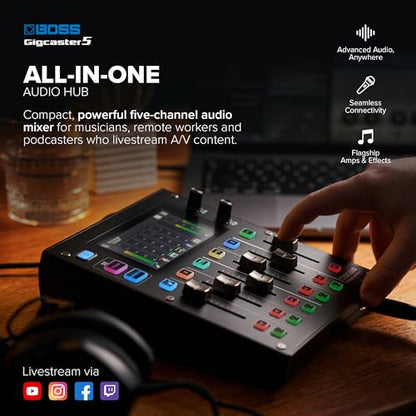 BOSS Gigcaster 5 Compact 5-Channel Audio Streaming Mixer with Direct Guitar/Bass Input | 2 XLR Mic Inputs | Stereo Line Input | 8 Touchscreen SFX Pads | 16x12 USB Audio Interface