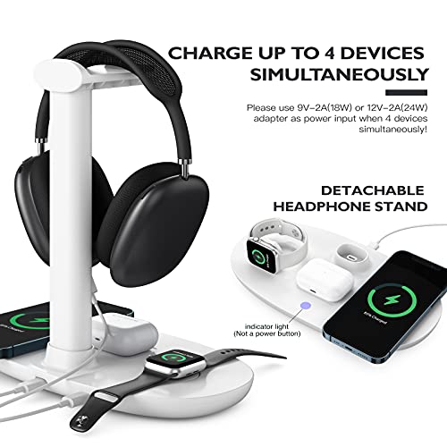 Headphone Stand with 15w Wireless Charger, Suguder 4 in 1 Charging Station Headset Holder for AirPods Max/Pro/4/3/2 iWatch 10/9/8/7/6/5/4/3/2/1/SE iPhone 17/16/15/14/13/12/11/X for Desktop Table Game | 4 in 1 15w Charging Station Headset Holder for AirPod