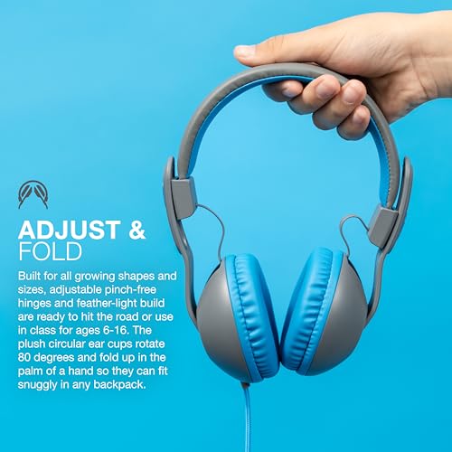 JLab JBuddies Studio 2 On-Ear Kids Wired Headphones, Grey/Blue, Toddler Headphones, Kid Safe, Studio Volume Safe, Volume Limiter, Folding, Adjustable, Noise Isolation, with Mic