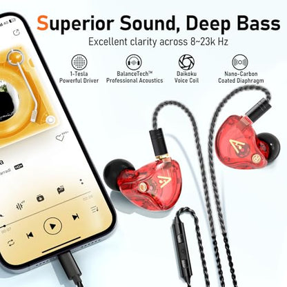 Audiovance Vibes 202ML HiFi 유선 이어버드, 아이폰 14/13/12/11/X, 프로 맥스용 | 마이크가 있는 인이어 헤드폰, 선명한 사운드, 딥 베이스, 소음 차단 이어버드, 실버 도금 코드, 편안한 핏, 케이스 - color: 3-레드