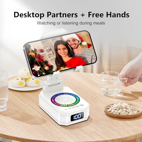 Cell Phone Stand with Wireless Bluetooth Speaker and Colorful LED Lights, 4-in-1 Multifunctional Phone Holder Support Fast Charging, Adjustable Desktop Stand for iOS Android White - color: Off-White