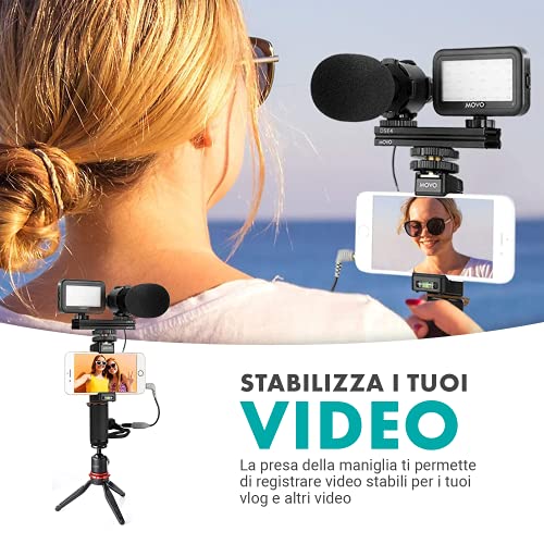 Movo V7+ YouTube Starter Kit - Vlogging Kit for iPhone with Tripod, Grip, Stereo Microphone, LED Light and Remote - Vlog Kit for iPhone 5, 5C, 5S, 6, 6S, 7, 8, X, XS or Samsung - iPhone Vlogging Kit