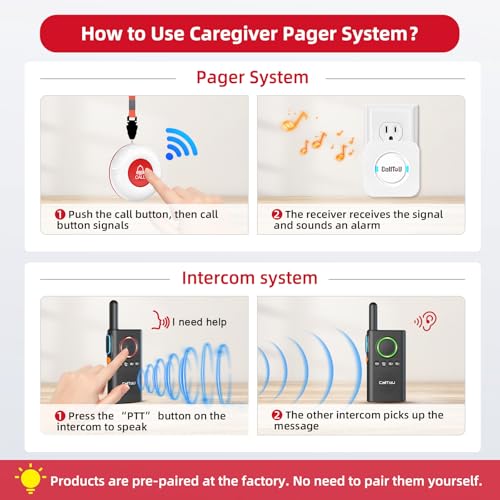 CallToU Caregiver Pager Wireless Alert Button Home Wireless Intercom System | Easy Use, Walkie Talkies for Seniors Long Range Room Intercoms 2 Way Radio for Elderly/Patient/Adults/Home/Office - color: white 2+2+2