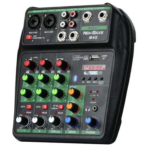 DJ Audio Mixer, DJ Mixers 4 Channel Sound Board with Bluetooth, NEW BAXS Sound Mixer Board XRL/1/4" Interface, USB/MP3 Computer Input 48V Phantom Power Stereo DJ Studio Streaming KTV Stage,Balck