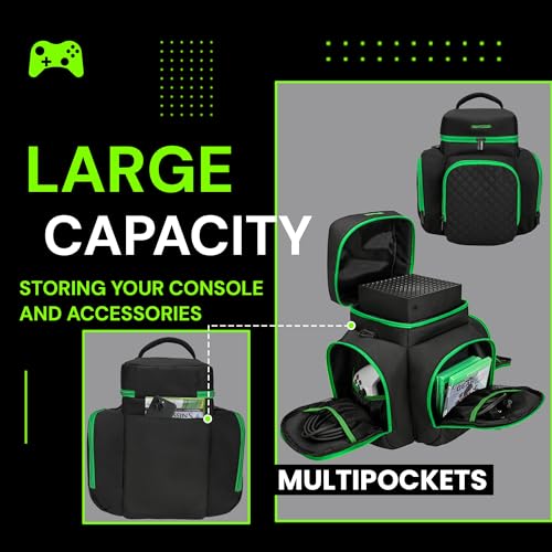 CROTIRAD Carrying Case for Xbox Series X with Multiple Storage Pockets | Water-Resistant Padded Travel Bag with 6 Pouches for Controllers, Headset, Game Discs, Cables, SSDs & Accessories, Green Zip