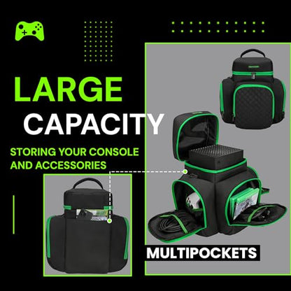 CROTIRAD Carrying Case for Xbox Series X with Multiple Storage Pockets | Water-Resistant Padded Travel Bag with 6 Pouches for Controllers, Headset, Game Discs, Cables, SSDs & Accessories, Green Zip