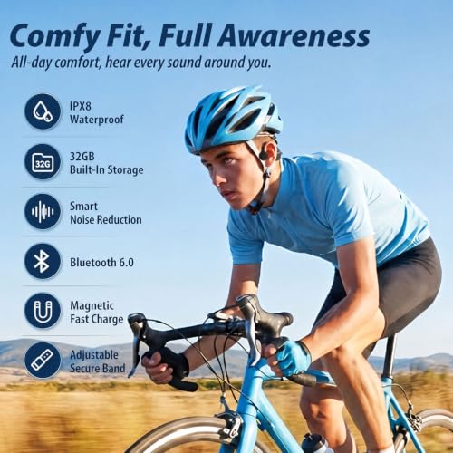 Bone Conduction Headphones IPX8 Waterproof Open Ear 32G MP3 Player | 8 Hours Long Battery & Secure Fit, Lightweight Open Ear Comfort, for Swimming, Running & Cycling, Great for Outdoor Fitness